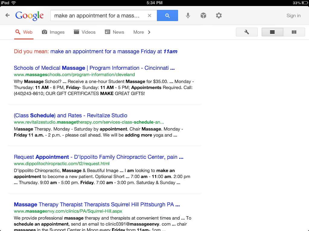Google search results for massage appointment