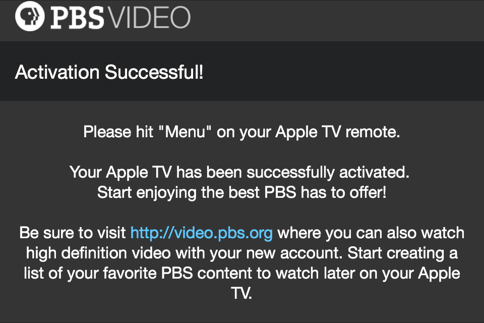 PBS for Apple TV activation successful