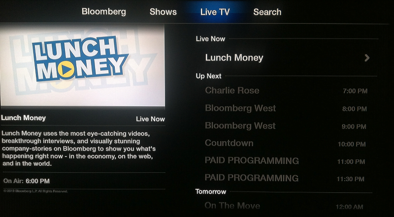 Bloomberg live TV schedule on Apple TV
