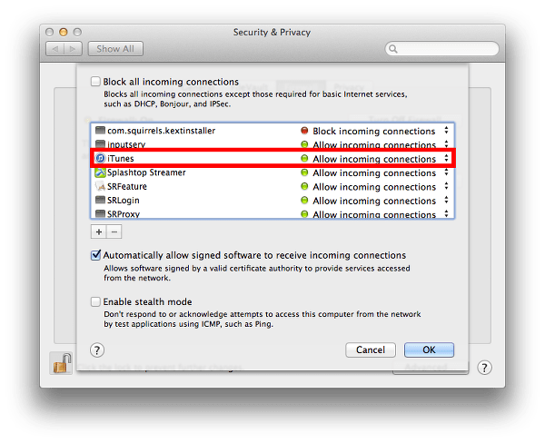Mac OS X firewall settings may need to be changed to allow iTunes Store access.