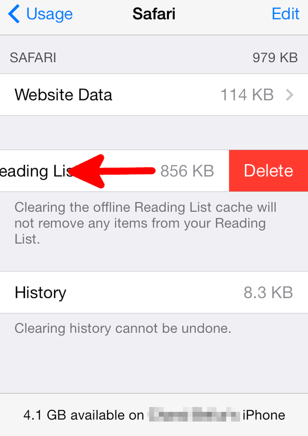 delete offline reading list from Safari for the iPhone