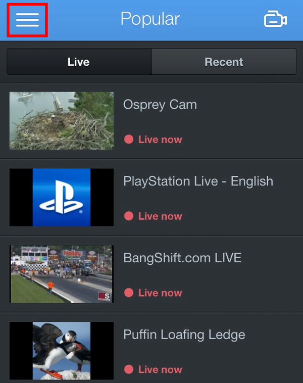 Tap the menu button on Ustream  to access the search feature.