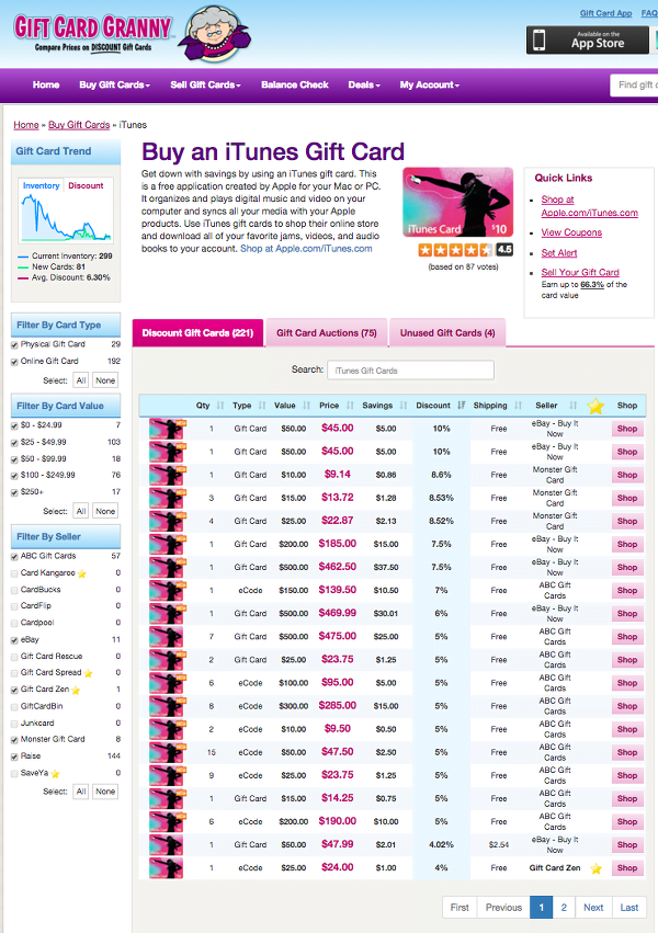 Gift Card Granny iTunes Gift Cards