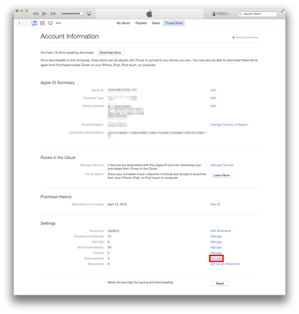 Account Settings on iTunes for OS X