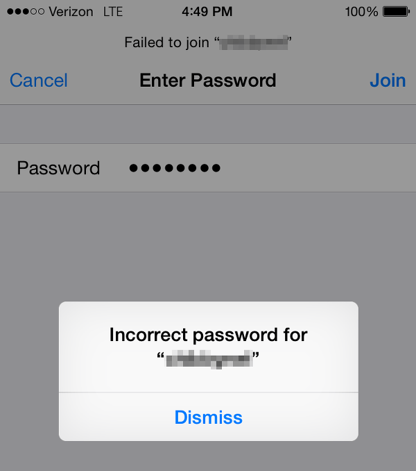 incorrect WiFi password
