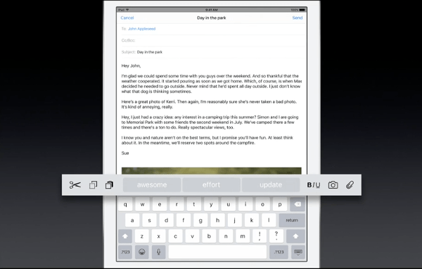 iOS 9 iPad keyboard toolbar