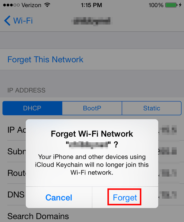 Confirm forgetting iPhone WiFi network