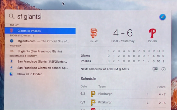 OS X 10.11 El Capitan Spotlight displays sports information