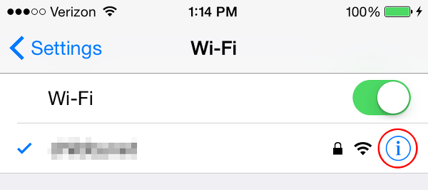 Tap i button on iPhone WiFi settings