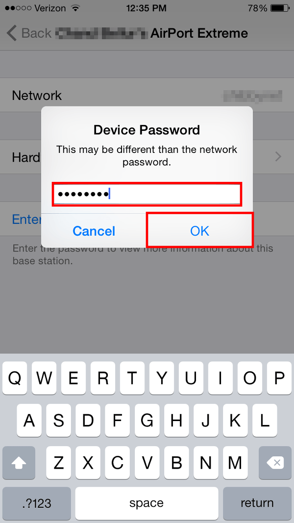 type in router admin password and tap OK