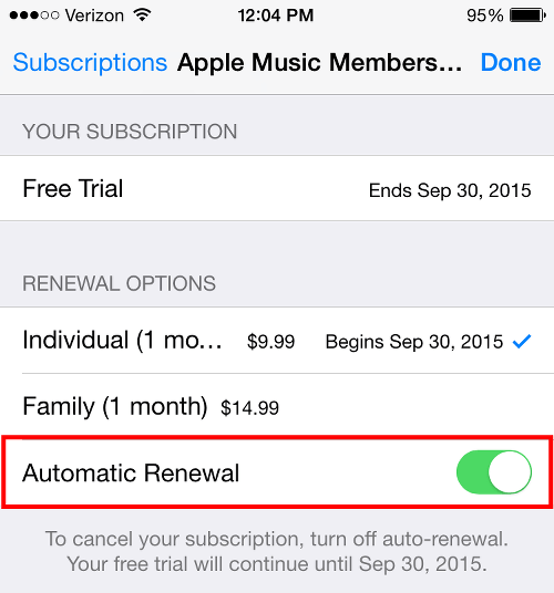 Apple Music Auto-Renewal Subscription Screen
