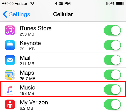 Cellular Data Settings for Apple Music