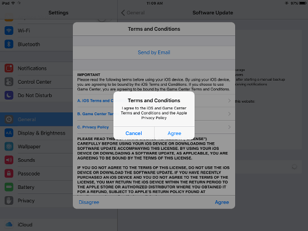 iOS 9.0.2 Accept Legal Agreements
