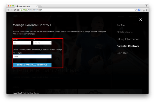 Select HBO NOW Parental Controls