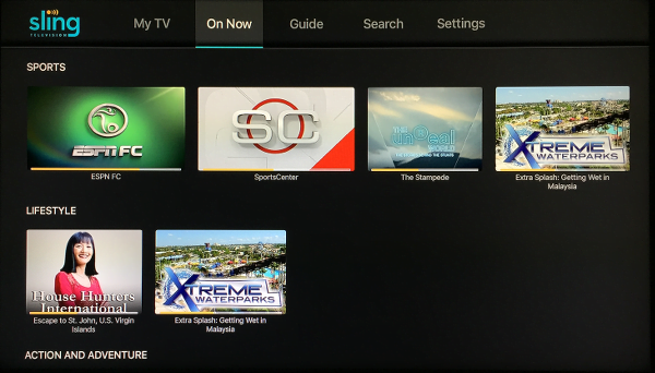 Sling TV On Now Screen