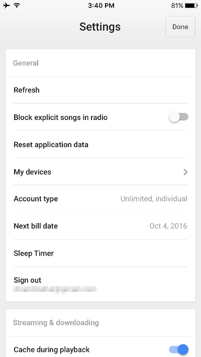 Google Play Music iPhone Settings