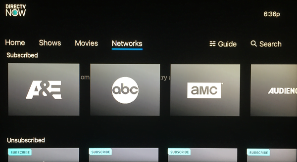 DIRECTV NOW Networks Screen