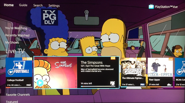 Live TV Schedule on PlayStation Vue Home Screen