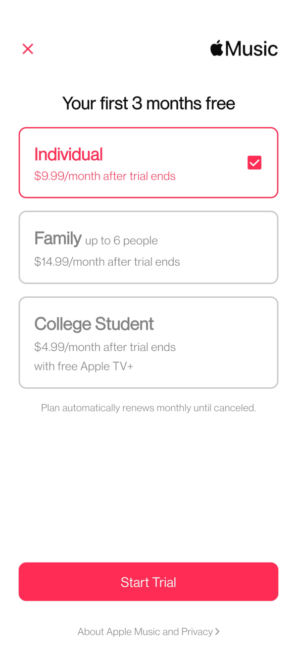 Apple Music - Select Individual, Family, or Student Plan