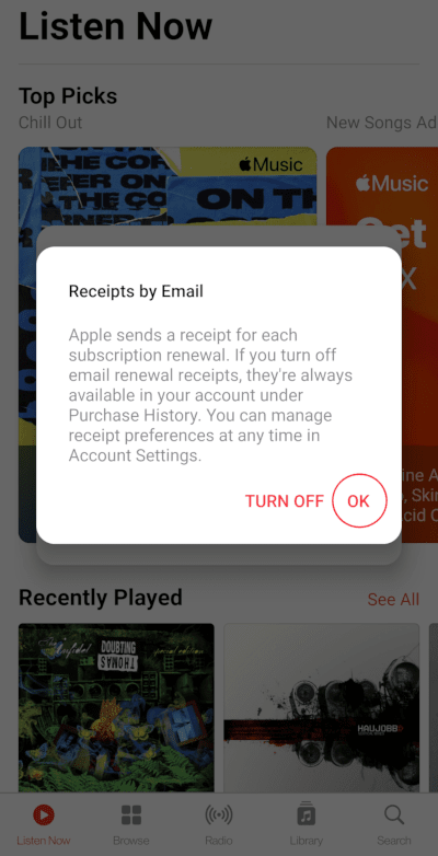 Turn on Email Receipts