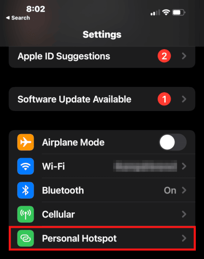 Tap on Settings and Personal Hotspot