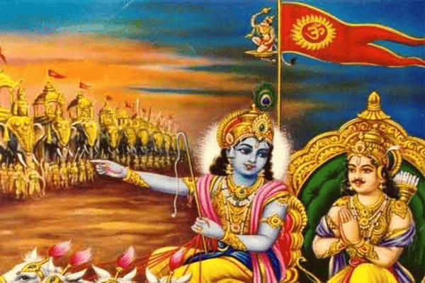 Arjuna and Krishna flying Hanuman's banner