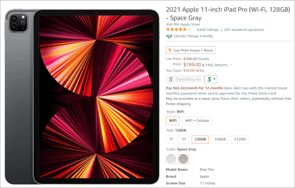 2021 11-inch iPad Pro with M1 Processor for $749 at Amazon